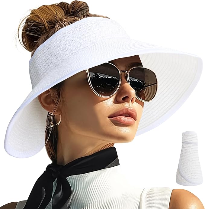 PFFY Sun Hats for Women Straw Beach Hat Packable Foldable Wide Brim Ponytail Travel Visor