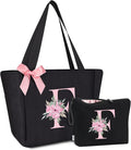 Vavabox Tote Bag, A-Z Initial Monogrammed Waterproof Tote Bag, Bridesmaid Gifts for Women, Black and Pink