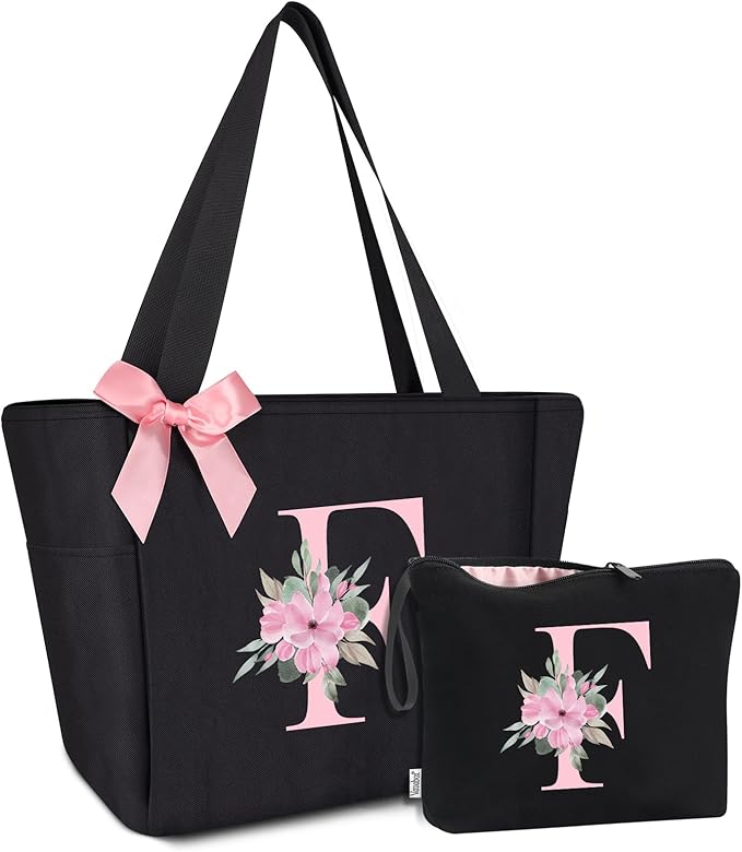 Vavabox Tote Bag, A-Z Initial Monogrammed Waterproof Tote Bag, Bridesmaid Gifts for Women, Black and Pink