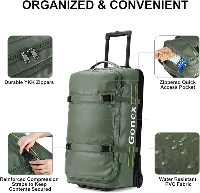 Gonex Rolling Duffle Bag with Wheels, 70L Water Repellent Wheeled Travel Duffel Luggage with Rollers 25 inch, Olive Green