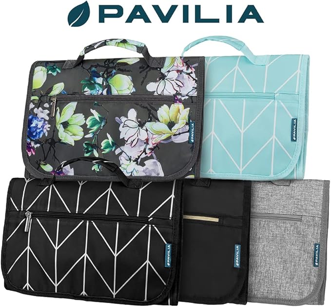 PAVILIA Hanging Toiletry Bag Women Men, Travel Kit Foldable Large Toiletries Organizer, Roll up Cosmetics Makeup Bag Accessories, Waterproof Essentials Jewelry Case (Black)