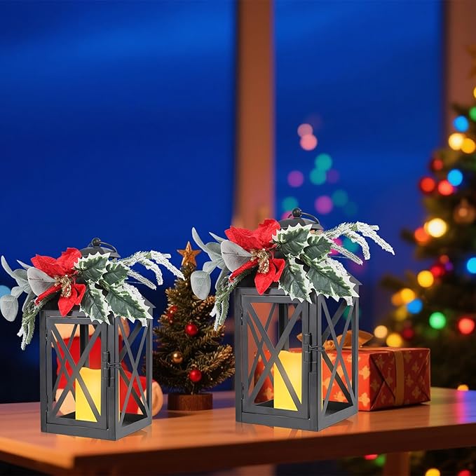 Christmas Lantern Outdoor Deror 13", 2 Pack Waterproof LED Hanging Decorative Candle Lantern with Berries Decor for Garden, Porch, Gift for Family, Friends, Women