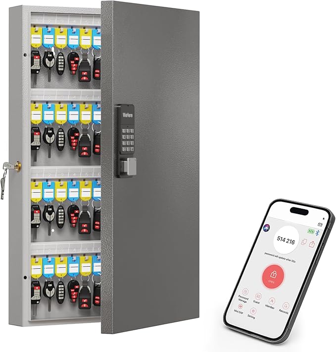 WeHere 96 Key Lock Box Wall Mount(Plus), Smart Security Storage Lockbox, Key Cabinet use APP Bluetooth/Fixed/Dynamic Password/OTP Share Unlock, Key Management for Valets/Realtors/Office