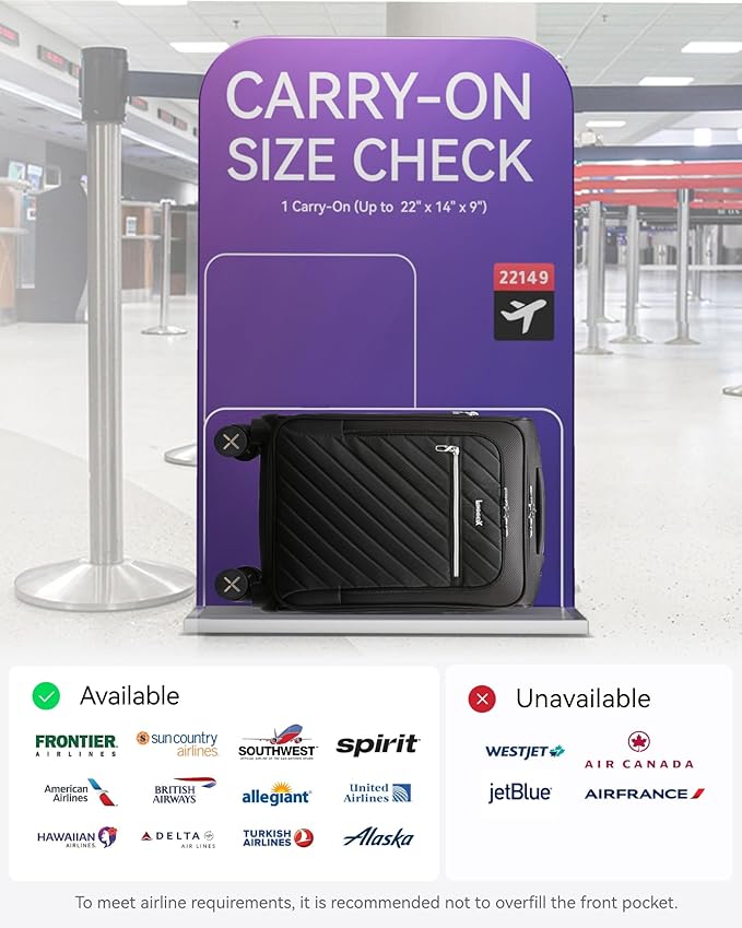 LUGGEX Carry On Luggage with Spinner Wheels - Stylish Lightweight Carry On Suitcase - Soft Sided 22x14x9 airline approved with Front Open Design for Travel, Business (Black, 20 Inch)
