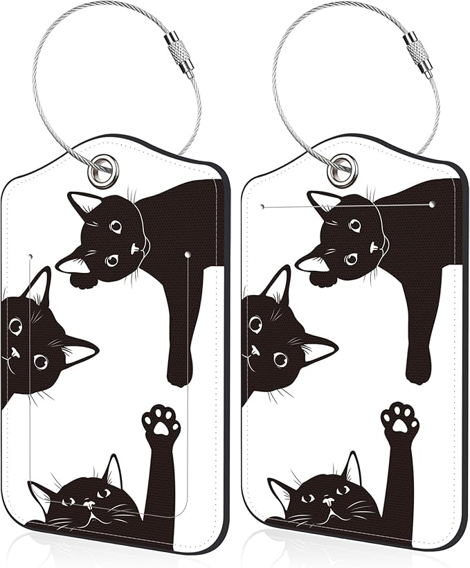 Luggage Tags for Suitcase Black Cats 2 PCS Leather Travel Luggage Tag with Stainless Steel Loop Name ID Label Privacy Cover for Women Men Travel