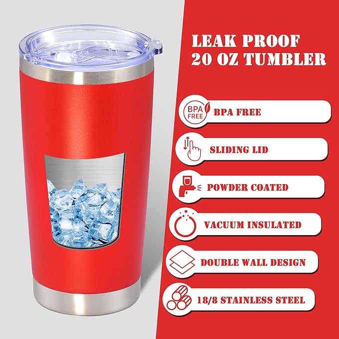 20 oz Tumbler with lid Double Wall Vacuum Insulated Tumblers Stainless Steel Coffee Mug Travel Coffee Tumbler Powder Coated Tumbler Cup Keep Hot&Cold - (Red 12 Pack)