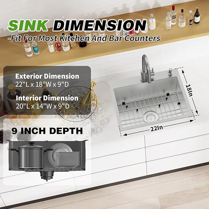 Stainless Steel Drop In Kitchen And Bar Sink - 22x18 Inch Single Bowl Topmount Bar Sink Come With SS Grid,Silicon Mat,Drain Strainer Set