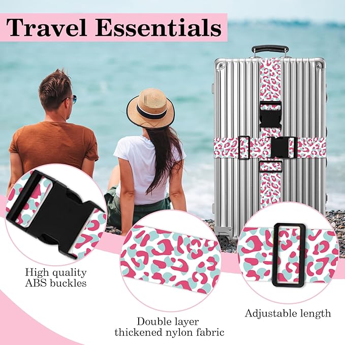 Pink Leopard Luggage Straps for Suitcases TSA Approved, Luggage Identifiers for Suitcase, Adjustable Suitcase Strap for Baggage Security with Cute Patten, Travel Necessary Accessories