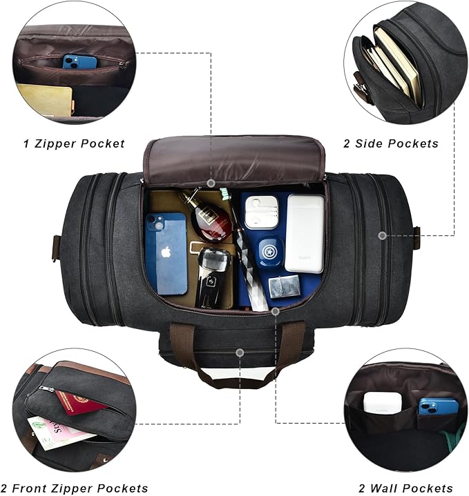 Litvyak Duffle Bag for Travel, 50L Canvas Travel Duffel Bags Overnight Weekend Gym Carry On Luggage Bag for Men & Women(Black)