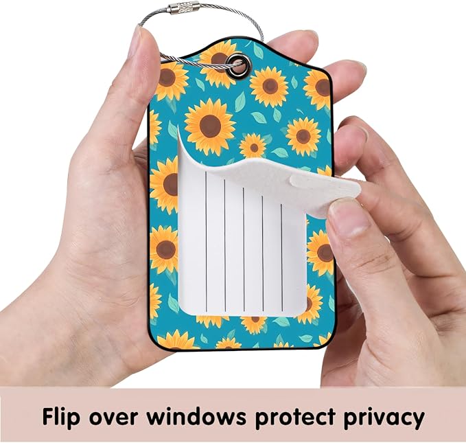 Luggage Tags for Suitcases, 2-Pack PU Leather for Cruise & Travel, Baggage ID Tags with Privacy Cover & Address Card, Durable Metal Ring, Kids Adults Travel Accessories, Turquoise Sunflowers