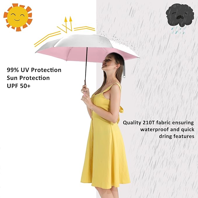 BAODINI Small UV Protection Travel Umbrella Compact for Rain and Sun UPF 50+ 41 inch Portable Umbrella for Women and Men