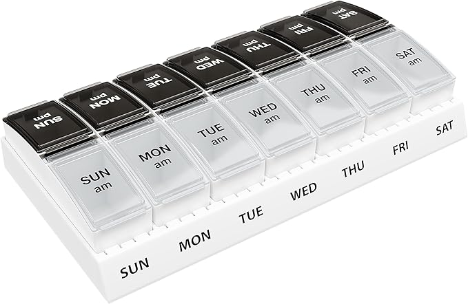 EZY DOSE Weekly (7-Day) Daily AM/PM Pill Case, Medicine Planner, Vitamin Organizer, Supplement Container, Small Pop-out Compartments, Designed for Travel, 2 Times a Day, Black and Clear Lids