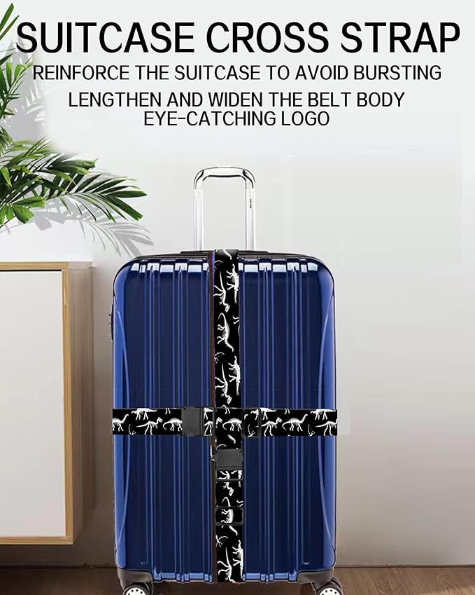 Luggage Straps for Suitcases, Adjustable Travel Belt, Durable Wide Luggage Strap, Cute Suitcase Strap Identifiers with Buckle, Bag Straps for Luggage, Black White Dinosaurs