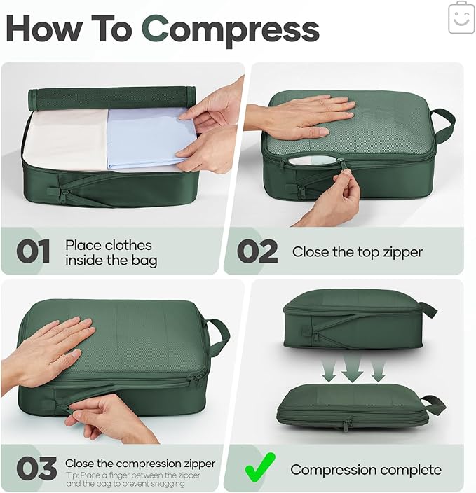 Veken 11 Set Compression Packing Cubes for Travel Essentials,Compressible Expandable Large Luggage Suitcase Organizer Bags for Clothing,Durable Space Saver Storage Bags with Toiletry Bags(Dark Green)