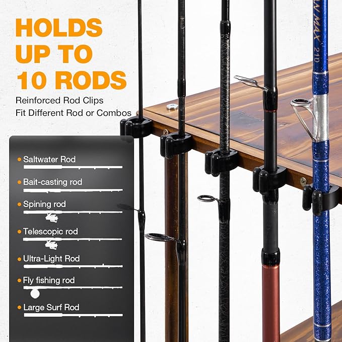 Ghosthorn Fishing Rod Holders for Garage Fishing Pole Rack Hold up to 10 Rods Fishing Pole Holders Wooden Organizer Fishing Rod Rack car Fishing Gear Storage Equipment (4 Tier)