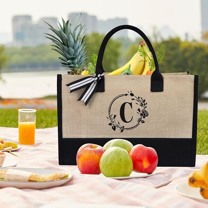 TOPDesign Personalized Initial Jute/Canvas Beach Bag, Monogrammed Gift Tote Bag for Women