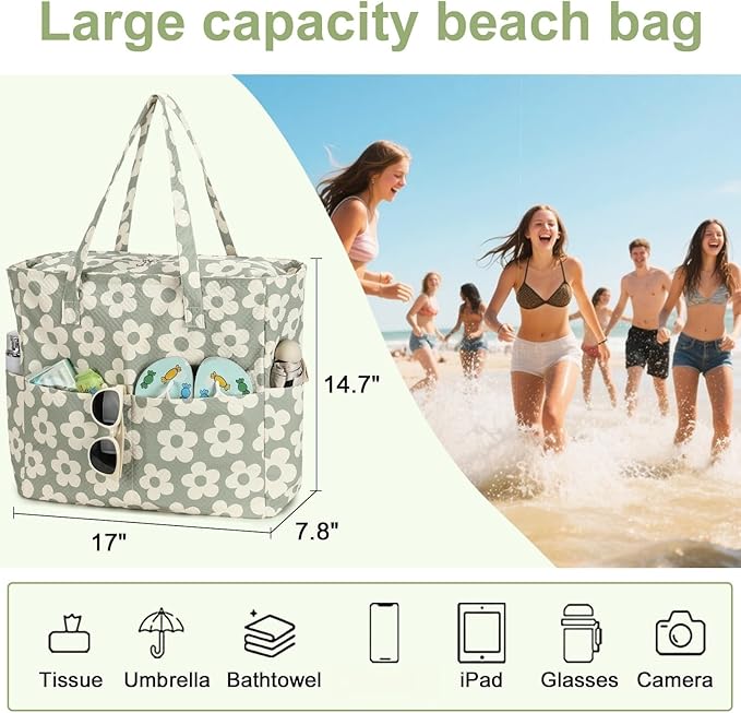 LEDAOU Beach Bag Waterproof Sandproof Women Tote Bag Pool Bag with Zipper for Gym Grocery Travel with Wet Pocket
