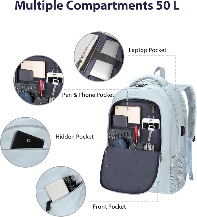 MATEIN 18 Inch Laptop Backpack for Women, Extra Large Anti Theft College Computer Rucksack with Luggage Strap, Waterproof TSA Approved 50 L Carryon Backpack for Work Business Travel, Haze Blue