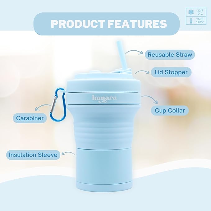 Collapsible Cup with Reusable Straw – 18 Oz (550 Ml), Portable Travel Mug, BPA-Free, Leak-Proof, Microwave & Dishwasher Safe, Multi-Purpose for Hot & Cold Drinks – Sky Blue