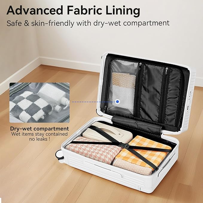 SOKOK Front Pocket Luggage Carry On with Spinner Wheels, Wide Handle Travel Suitcase PC Hardshell Durable Rolling Luggage for Business Trip with Charging Port and Cup Holder, White