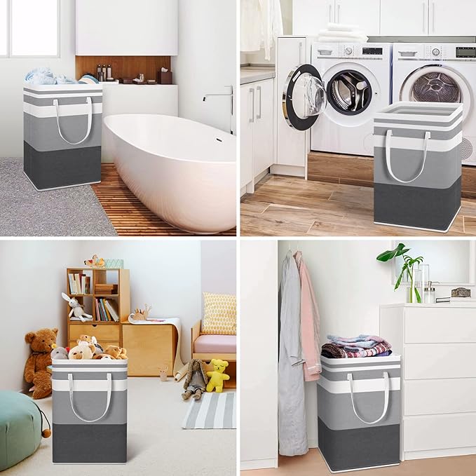 HomeHacks 2 Pack Large Laundry Baskets, Waterproof, Freestanding Laundry Hampers, Collapsible Clothes Hamper with Reinforced Handles in Laundry Room, College Dorm, Bathroom, Bedroom (Grey, 75Lx2)
