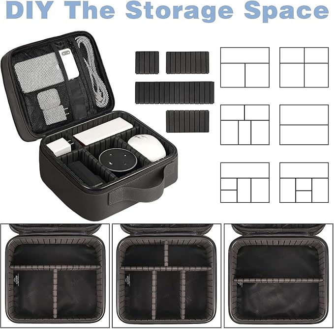 MATEIN Cord Organizer Case with Adjustable Divider, DJ Cable File Bag for Electronic Storage, USB Cable, Charger, Tech Accessories, Shockproof Portable Double Layer Cord Bags, Grey
