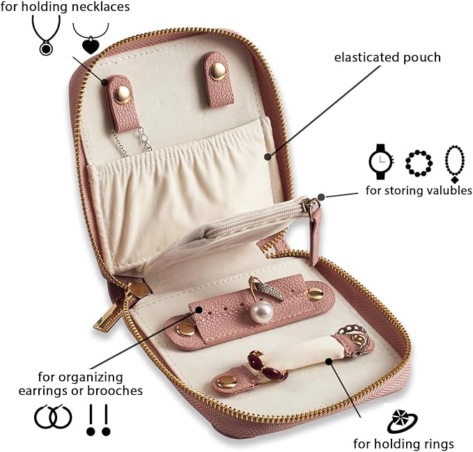 Travel Jewelry Organizer Case - for Tangle-Free Necklaces, Earrings, Rings, Bracelets Storage, Travel Essentials, Fashion Portable Jewelry Travel bags for Women - Small Macaron Pink