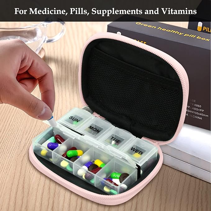 Serfeymi Weekly Travel Pill Organizer Pill Case for Purse with Removable 7 Day Pill Box, Fashionable Travel Medicine Organizer Pill Container for Medicine, Vitamin, Supplement - Bloom 03 + Pill Box