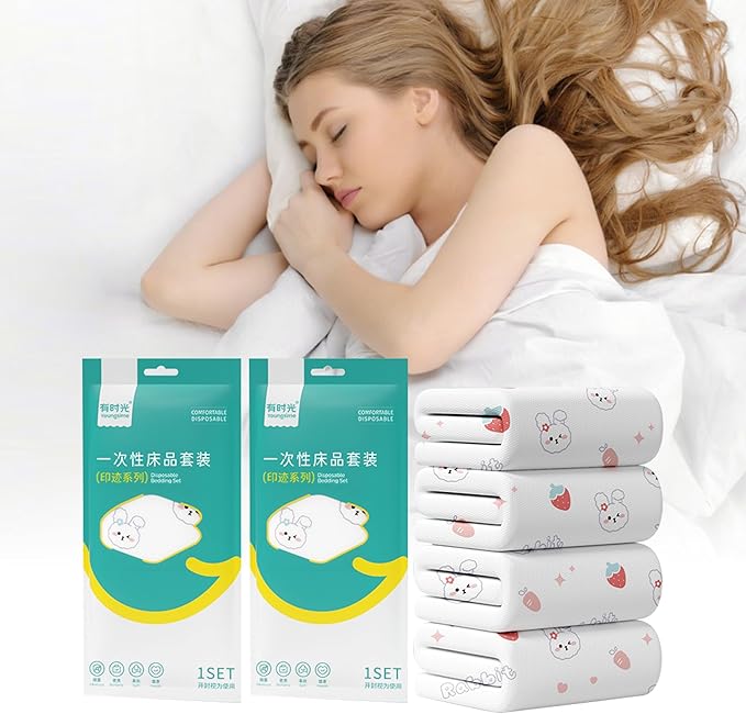 YOUNGTIME Disposable Bed Sheets, Quilt Cover and Pillow case Set for Hotel and Travel,Portable Ready to use Bedding Set Travel 4-Piece Double,Rabbit,2 Pack