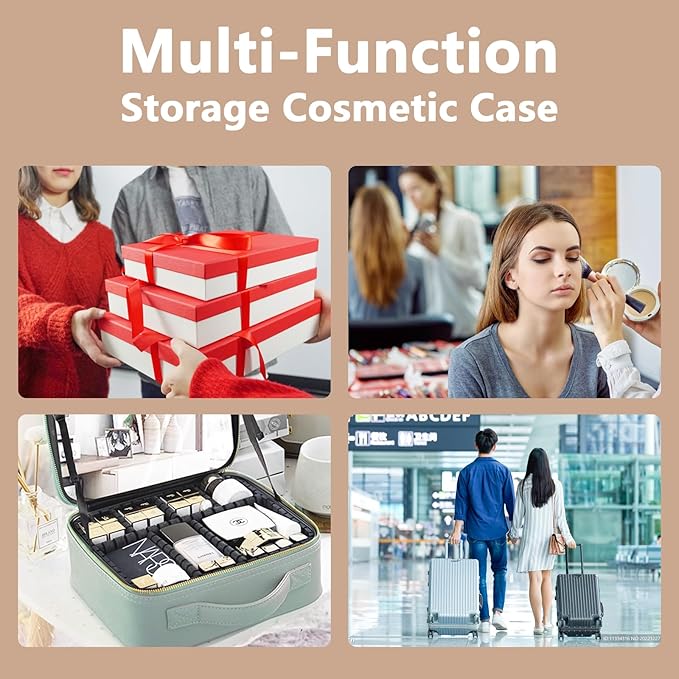Travel Makeup Bag for Makeup Artists Large Makeup Case,with Mirror 3 Color Setting and Detachable 10x Magnifying Mirror Travel Makeup Bag,Portable Storage and Adjustable Dividers（khaki）