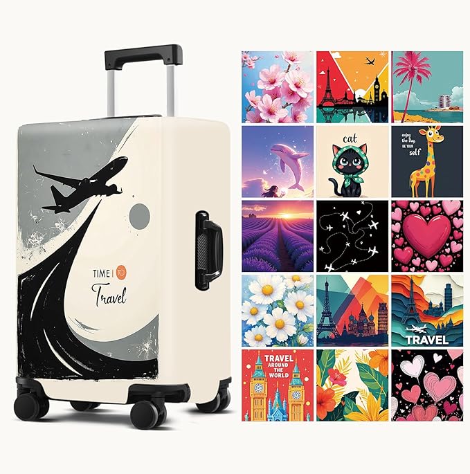 Suitcase Cover with Time to Travel Design, Luggage Protector, Fit for 32-34Inch Luggage Durable Travel Bag Cover with Zipper Closure
