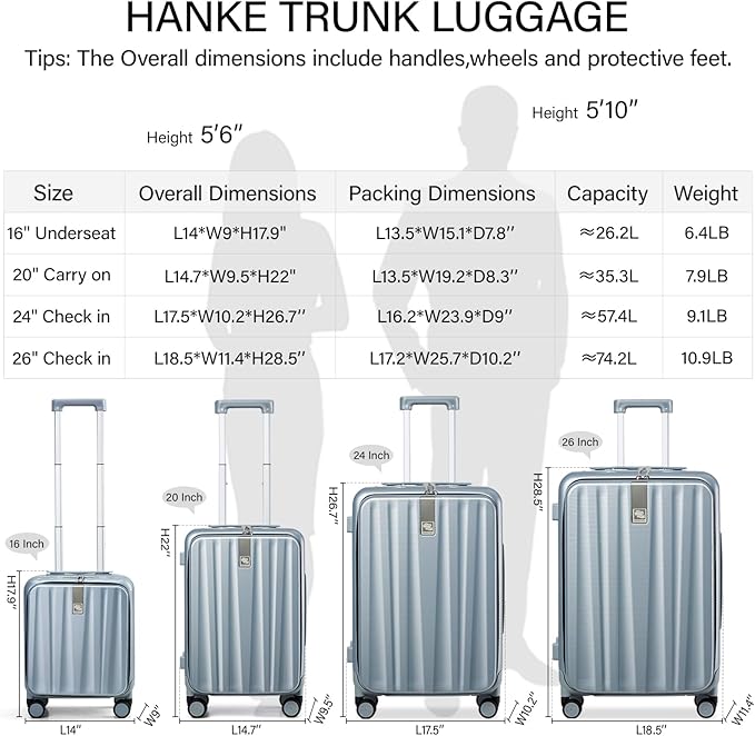 Hanke 16 Inch Underseat Carry On Suitcases with Wheels,Lightweight Hard Shell Carry on Luggage for Weekender,Top Opening Small Suitcase,Travel Luggage for Womem Men,Grey