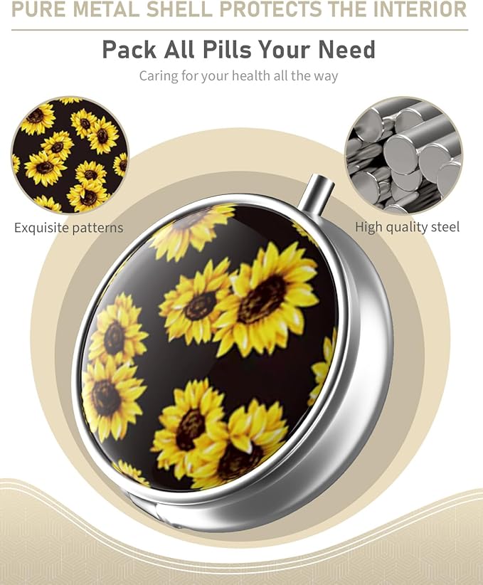 Pill Box, 3 Compartment Portable Travel Medicine Box with Mirror, Compact and Cute, Fits in Purse and Pocket, Medicine and Vitamin Organizer (Sunflowers)