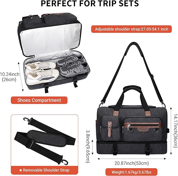 WITZMAN Canvas Weekender Bag Mens Overnight Bag for Traveling Carry on Duffle Bags with Shoes Compartment（A8010 Black）