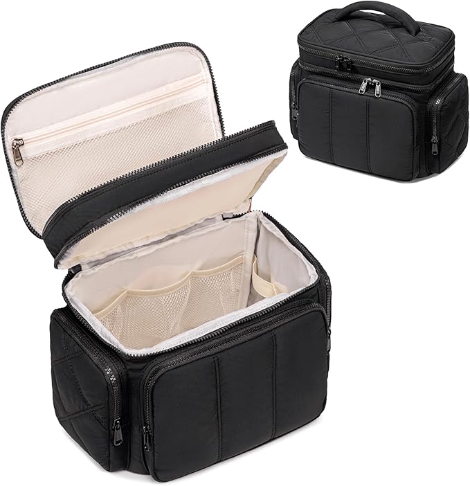 LEDAOU Toiletry Bag for Women,Quilted Travel Makeup Bag Organizer with Double Deck, Large Wide-open Cosmetic Make up Bag for Travel Essentials (Black Puffy)