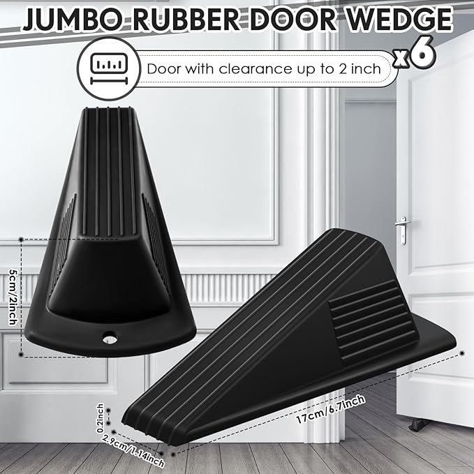 Frienda 6 Pcs Jumbo Door Stoppers Heavy Duty Door Stopper Tall up to 2inch Tall Wedge TPR Large Wedge Stackable Big Rubber Doorstop for Hotel Carpet Hardwood Concrete and Tile (Black)