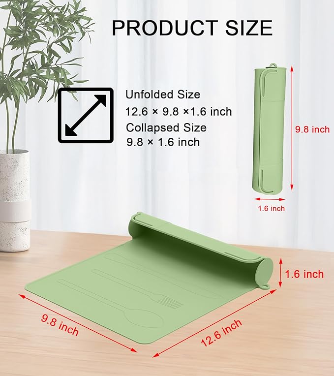 Utensil Box, Tableware Silicone Portable Box Silverware mat, Suitable for Kitchen Utensils, Portable Outdoor Camping Spoon Fork Utensils Storage mat (Green)