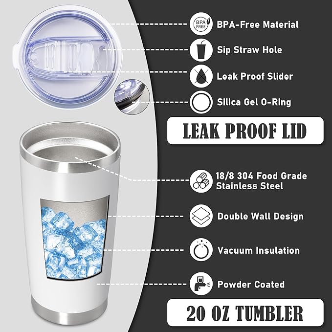 20 oz Tumbler Coffee Tavel Tumblers Bulk with Lid Stainless Steel Double Wall Vacuum Insulated Mug Powder Coated Cups fit Car Cupholder for Hot and Cold - White, 1Pack