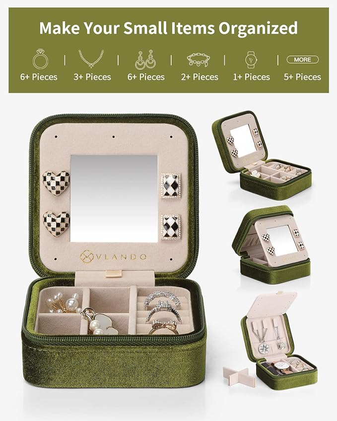 Vlando Plush Velvet Travel Jewelry Case, Personalized Initial Jewelry Boxes for Women Girls, Mini Jewelry Travel Organizer Travel Essentials for Birthday Gifts - Letter J, Green