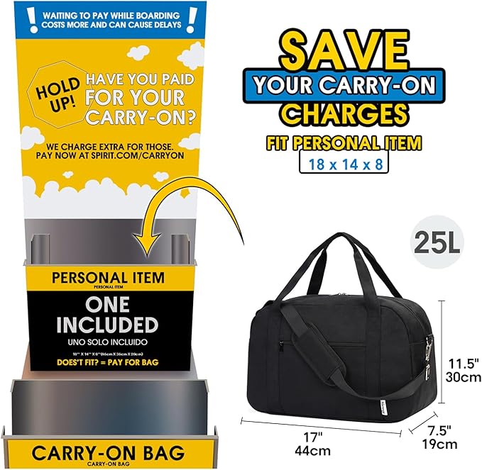 Narwey 18" Carry on Bag Underseat for Airplane Spirit Airlines Personal Item Travel Bag 18x14x8 Small Duffle Bag Duffel Bag Gym Weekender Overnight Bag with Wet Pocket for Women and Men (Black)