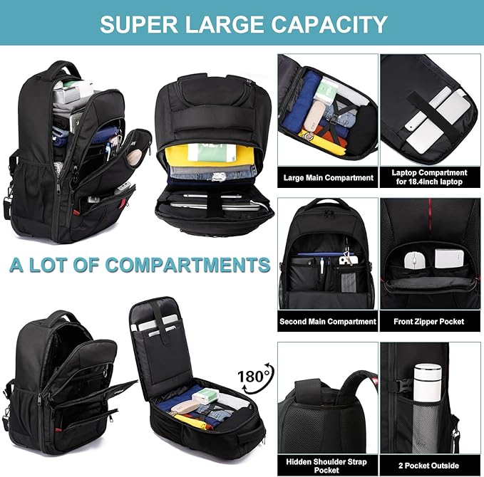 Rolling Backpack,18 inch Laptop Backpack with Wheels for Adults,Large Water Resistant Wheeled Backpack for Travel Carry on Trolley Luggage Suitcase College Business Computer Bag for Men Women, Black