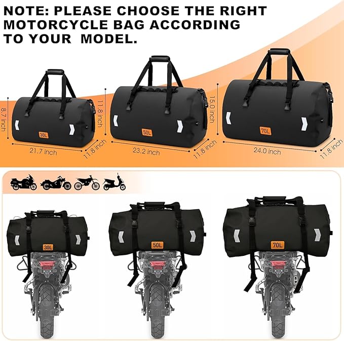 Waterproof Duffel Bag, 50L Roll-top Motorcycle Dry Bag with Air Valve & Quick-fixed Straps, Travel Duffle Bags for Kayaking Paddle Boarding Rafting Boating Camping Riding Fishing - Black