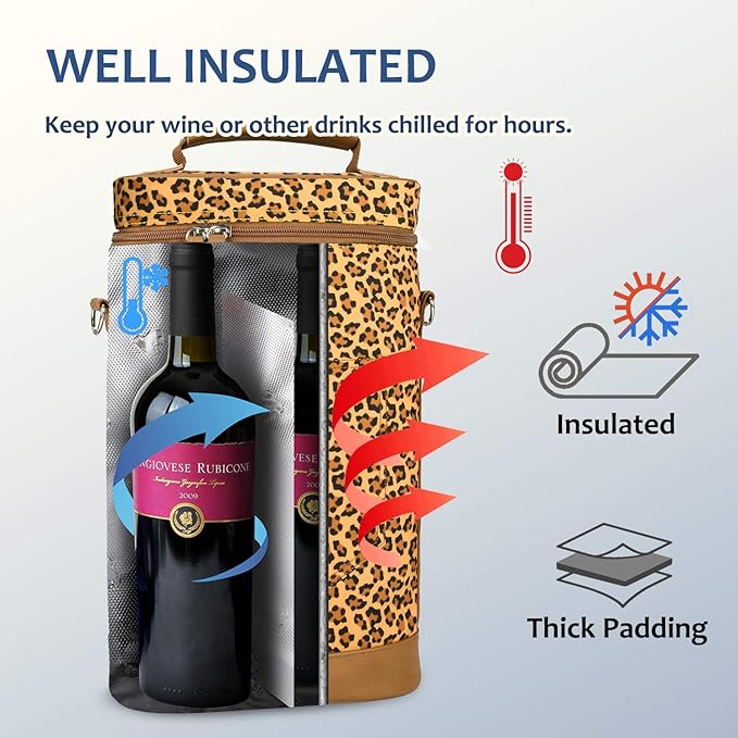 Tirrinia 2 Bottle Wine Gift Tote Carrier - Leakproof & Insulated Padded Versatile Wine Cooler Bag for Travel, BYOB Restaurant, Wine Tasting, Party, Dinner,Gift for Wine Lovers, Cheetah