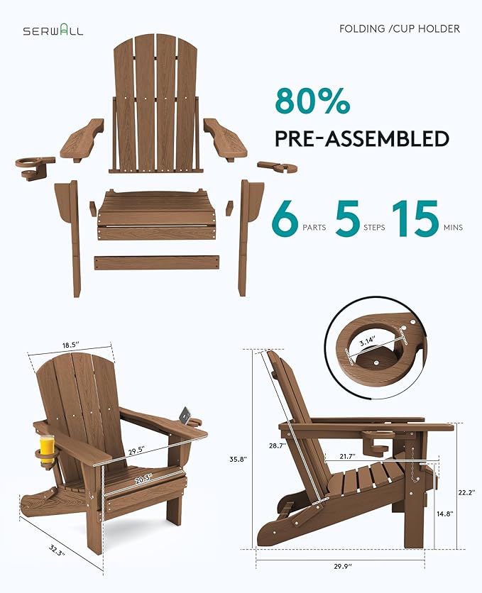 SERWALL Adirondack Chair with Cup Holders - Composite Adirondack Chairs Set of 4 HDPE Outdoor Chairs All Weather Use- Brown