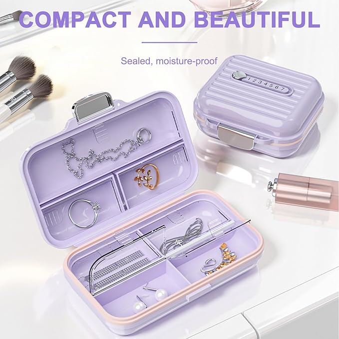 Travel Pill Organizer Box with Labels, 7 Compartments Portable Mini Pill Case, Daily Medication Organizer Storage Pill Container for Pocket Pharmacy(Purple, S)