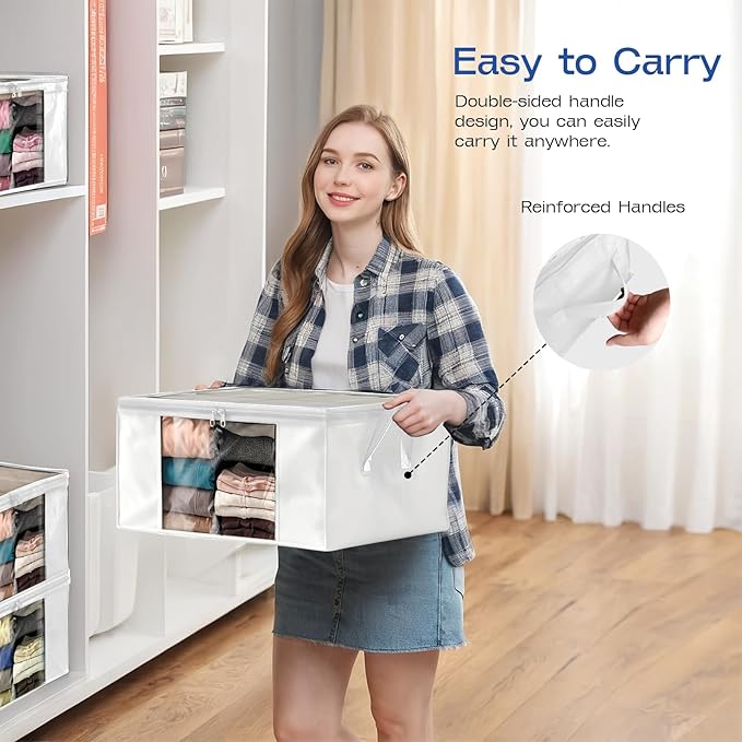 Clothes Storage Bags, Foldable Thick Fabric Blanket Storage Bags, Large Clear Window & Carry Handles, Great for Clothes, Blankets, Closets, Pillows, Toys (White, 4PACK)