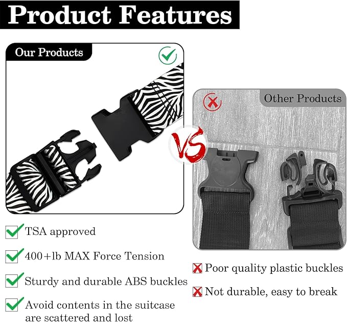 Zebra Luggage Straps for Suitcases TSA Approved, Luggage Identifiers for Suitcase, Adjustable Suitcase Strap for Baggage Security with Cute Patten, Travel Necessary Accessories (2Pack)
