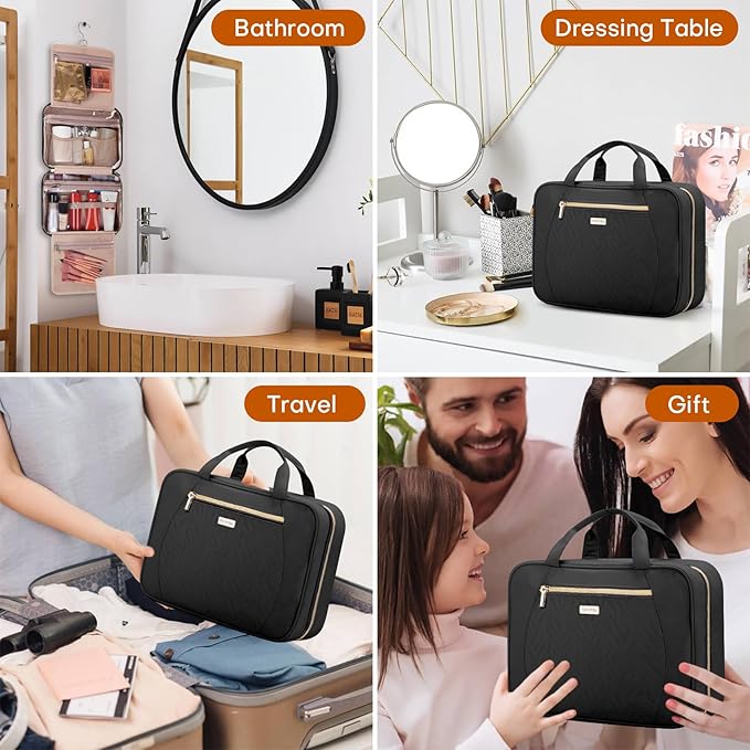 Hanging Toiletry Bag for Women Travel, 2 Sizes Large & Small Waterproof Cosmetic Organizer with 4 Compartments, Rotating Hook, Foldable Pink Travel Bag for Toiletries & Makeup - Medium Black