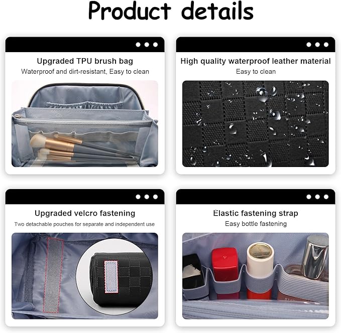 BOYATU Travel Makeup Bag Organizer Cosmetic Bag: 3 Pcs Set Make up Bags for Women with Handle - Waterproof Vegan Leather Toiletry Bags with Comparments (01-Black)
