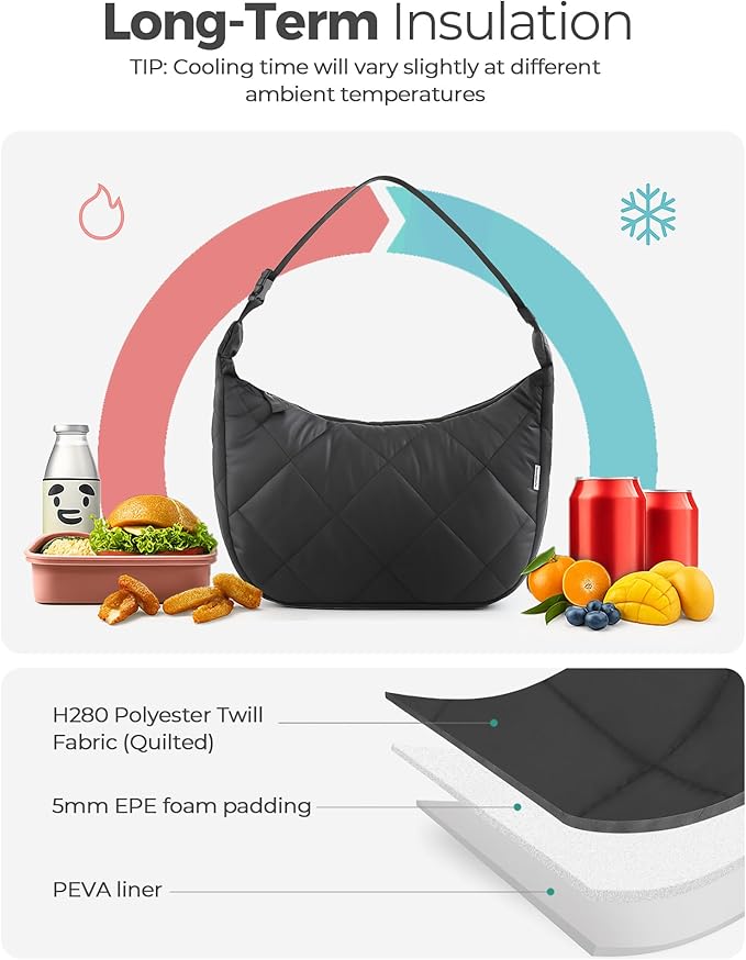 Insulated Lunch Bag for Women, Quilted Reusable Lunch Box with Adjustable Strap, Waterproof Cute Puffy Bento Tote, Stylish Cooler Bag for Work, Picnic or Travel, Black
